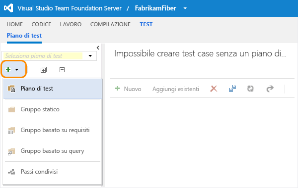 Pulsante Nuovo nel riquadro Esplora piani di test