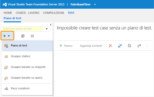 Pulsante Nuovo nel riquadro Esplora piani di test
