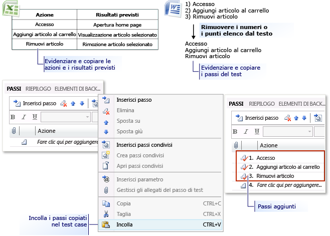 Aggiungere passi di test da Microsoft Excel o Word