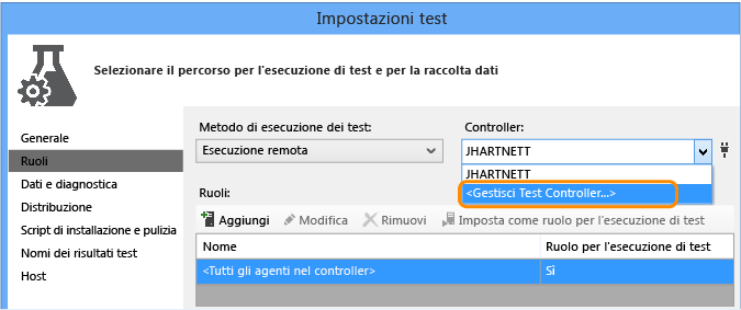 Aprire il file di impostazioni di test, selezionare la scheda Ruolo