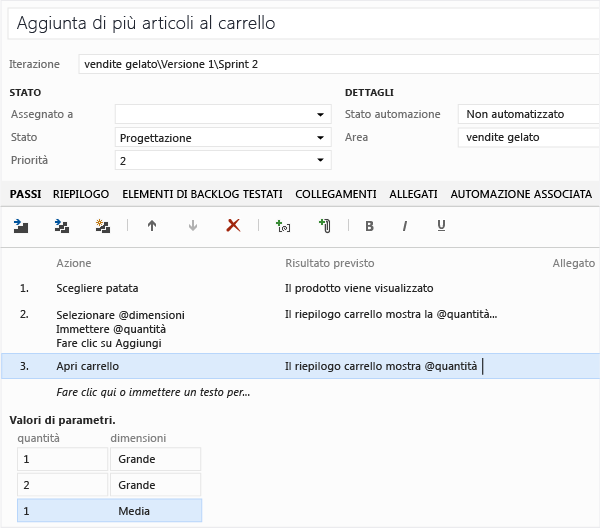 Creare i parametri in azioni e risultati.