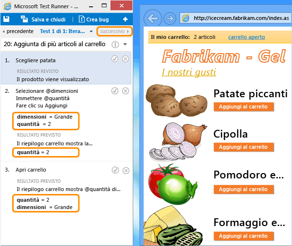 L'iterazione test successiva ha valori di parametro differenti