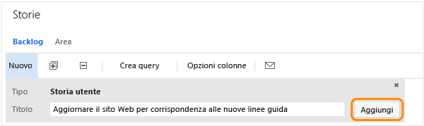 Pannello Aggiunta rapida, pagina del backlog delle storie