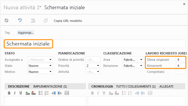 Form dell'elemento di lavoro per Attività