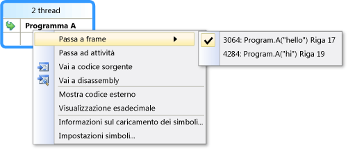 Menu di scelta rapida nella finestra Stack in parallelo