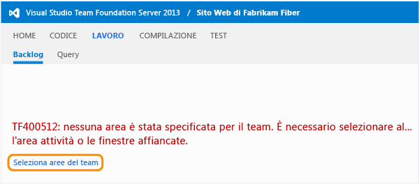 Collegamento Seleziona aree del team nella pagina Backlog in TWA