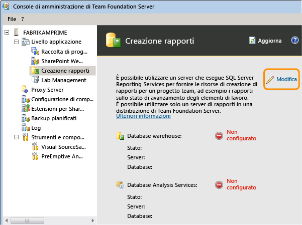 Modificare le informazioni per configurare la creazione dei report