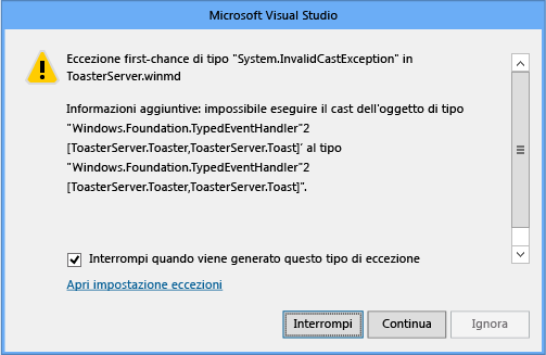 Finestra dell'errore del debugger indicante il proxy mancante