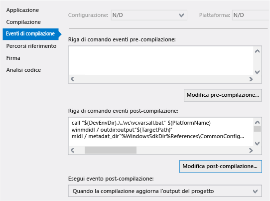 Passaggi di post-compilazione nella pagina delle proprietà di Visual Studio