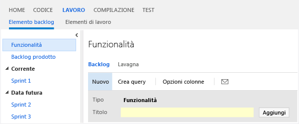 Funzionalità di aggiunta rapida dal backlog Funzionalità