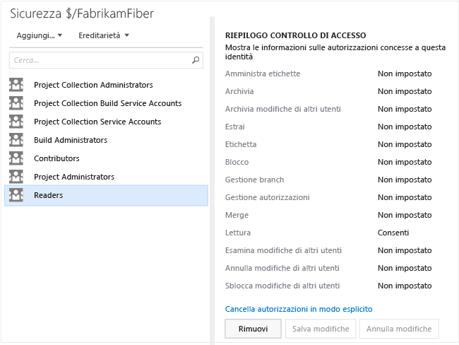 Pagina Autorizzazioni per il controllo della versione TF