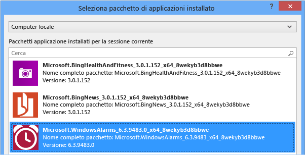 Finestra di dialogo Seleziona pacchetto di applicazioni installato