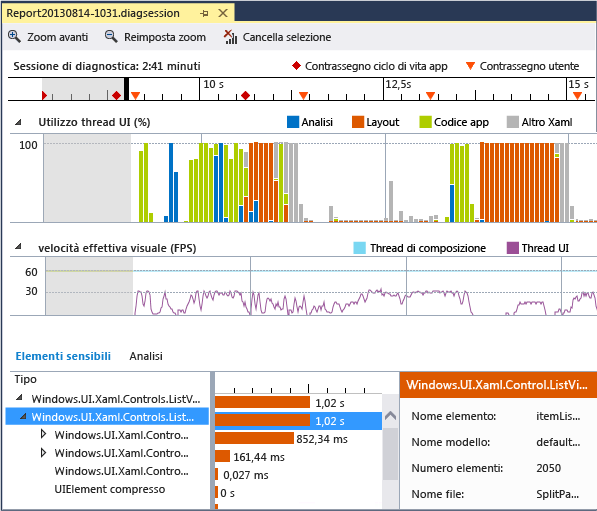 Pagina del report del livello di reazione dell'interfaccia utente XAML