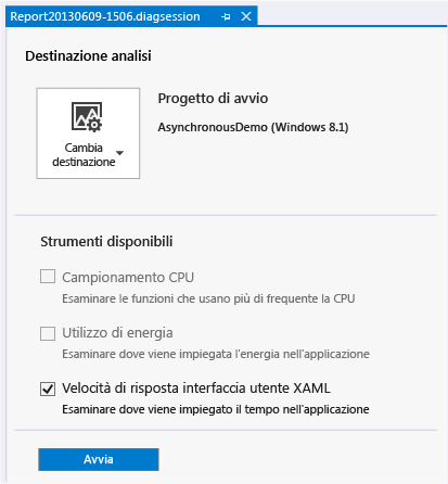 Scegliere il profiler XAML nell'hub diagnostica