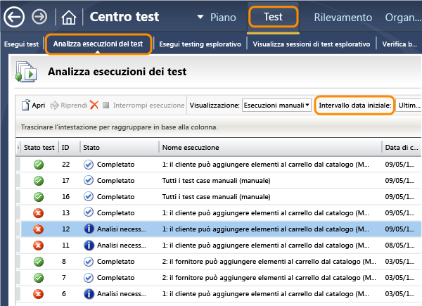 Analizzare esecuzioni dei test