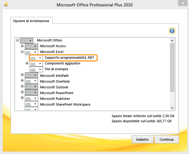 Installare l'opzione Supporto programmabilità .NET