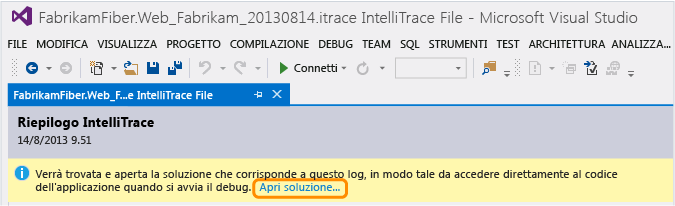 Aprire la soluzione dal log di IntelliTrace