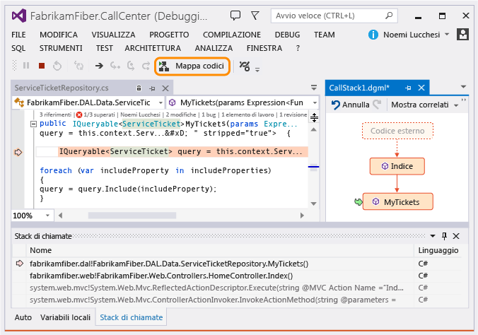 Eseguire il mapping dello stack di chiamate durante il debug