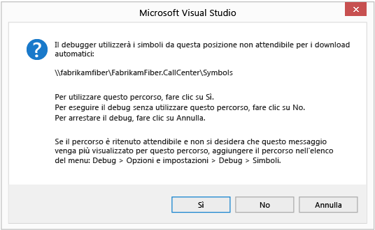 Debug con percorso simboli non attendibili?