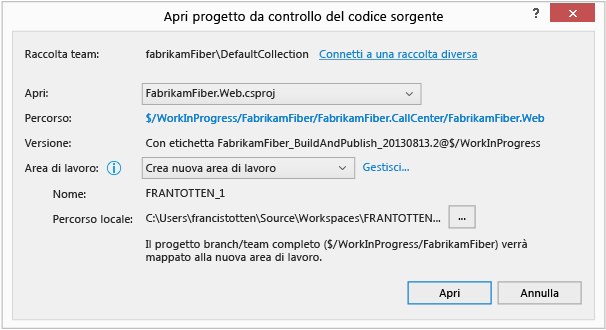 Aprire dal controllo del codice sorgente, creare una nuova area di lavoro