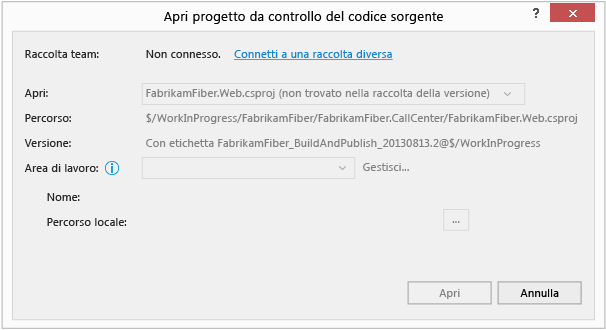 Aprire dal controllo del codice sorgente - non connesso