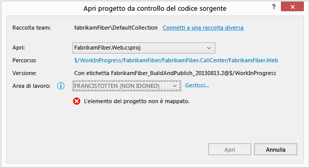 Aprire dal controllo del codice sorgente senza area di lavoro mappata