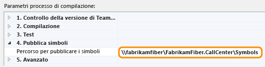 Impostare il percorso dei simboli nella definizione di compilazione TFS 2013