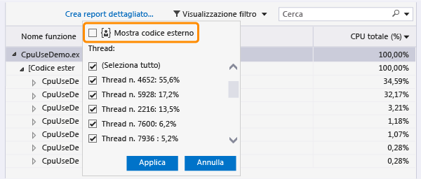 Scegliere Visualizzazione filtro, quindi Mostra codice esterno