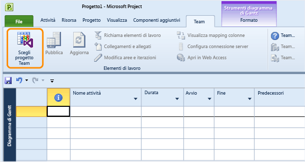 Connettersi a un progetto team da Microsoft Project