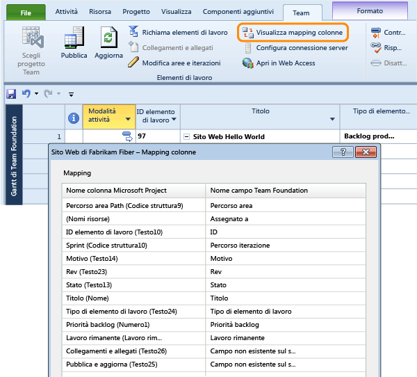 Visualizzare per quali campi TFS è stato eseguito il mapping ai campi del progetto