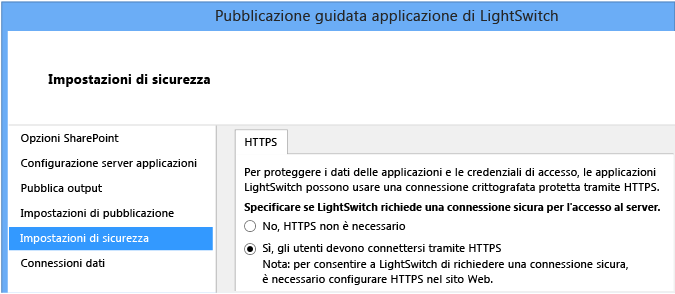 Pagina Impostazioni di sicurezza