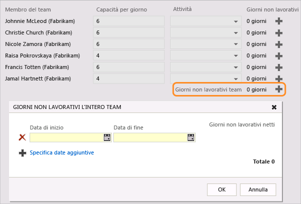 Impostare i giorni non lavorativi a livello di team