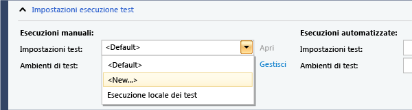 Selezionare o creare le impostazioni di test.