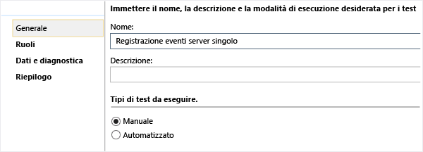 Impostare il nome delle nuove impostazioni test.