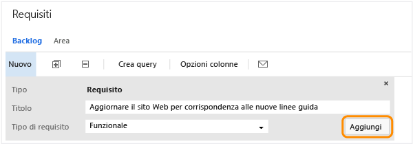 Pannello Aggiunta rapida nella pagina del backlog requisiti