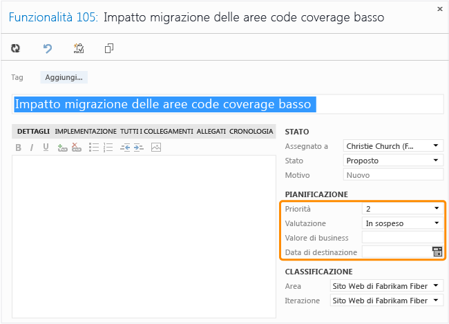 Form dell'elemento di lavoro della funzionalità per CMMI