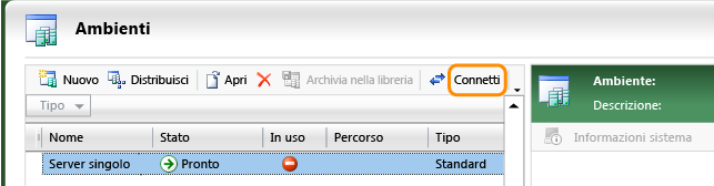 Selezionare un ambiente e connettersi.