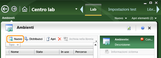 Scegliere Nuovo per creare un ambiente lab.