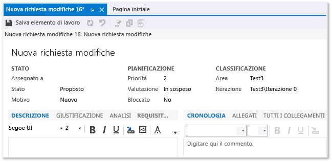 Form dell'elemento di lavoro richiesta modifiche