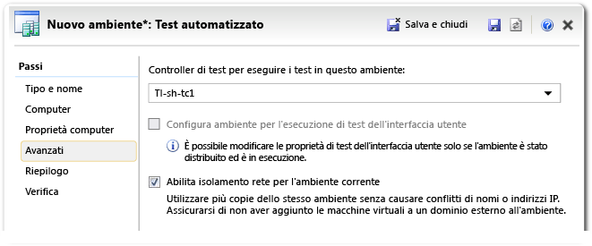 Creazione guidata ambiente Lab - pagina avanzata