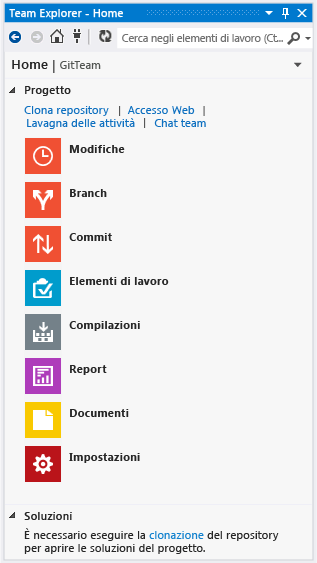 Home page di Team Explorer con Git come controllo del codice sorgente