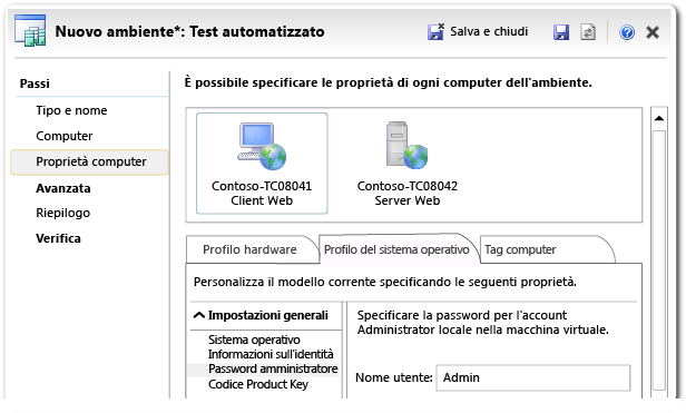 Creazione guidata dell'ambiente di Lab Management - pagina delle proprietà dei computer