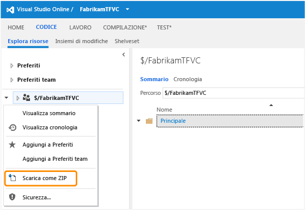 Scaricare il codice sorgente per Team Foundation Service