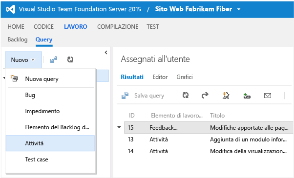 Aprire un nuovo elemento di lavoro dalla pagina Lavoro (TWA)