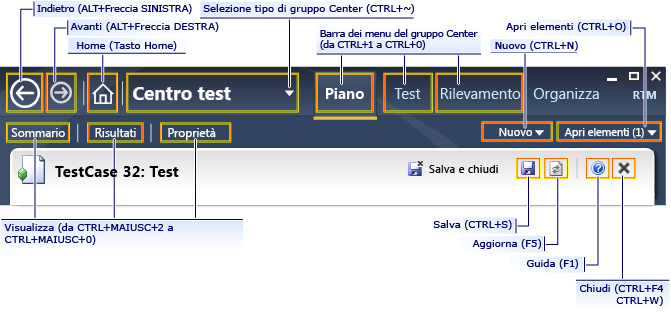 Tasti di scelta rapida per Microsoft Test Manager