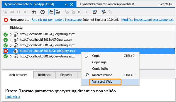 Errore di parametro dinamico nei risultati dei test