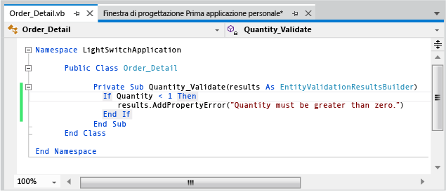 Scrittura del codice di convalida nell'editor di codice