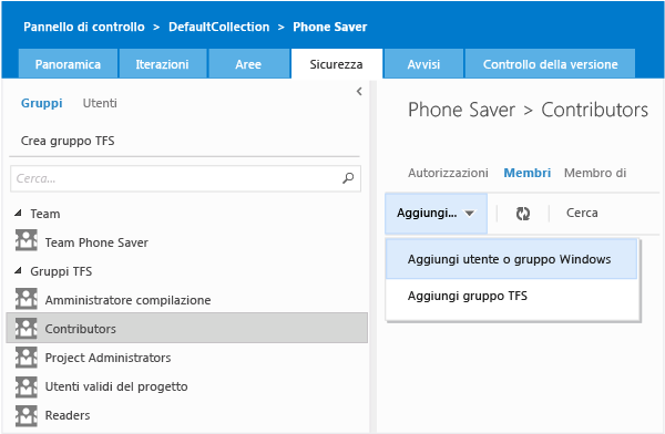 Scegliere il gruppo di progetti team e aggiungere i membri