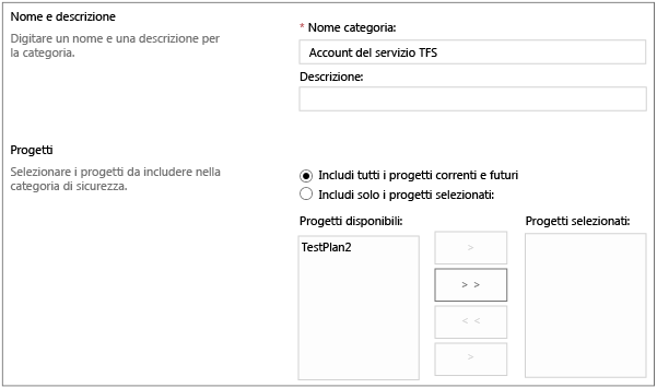 Creare la categoria dell'account del servizio TFS