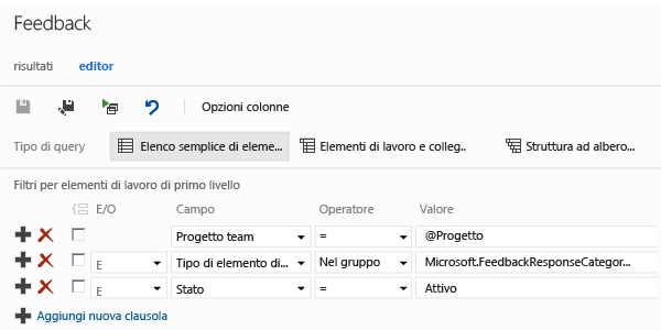 Visualizzazione dell'editor per la query elenco semplice di feedback